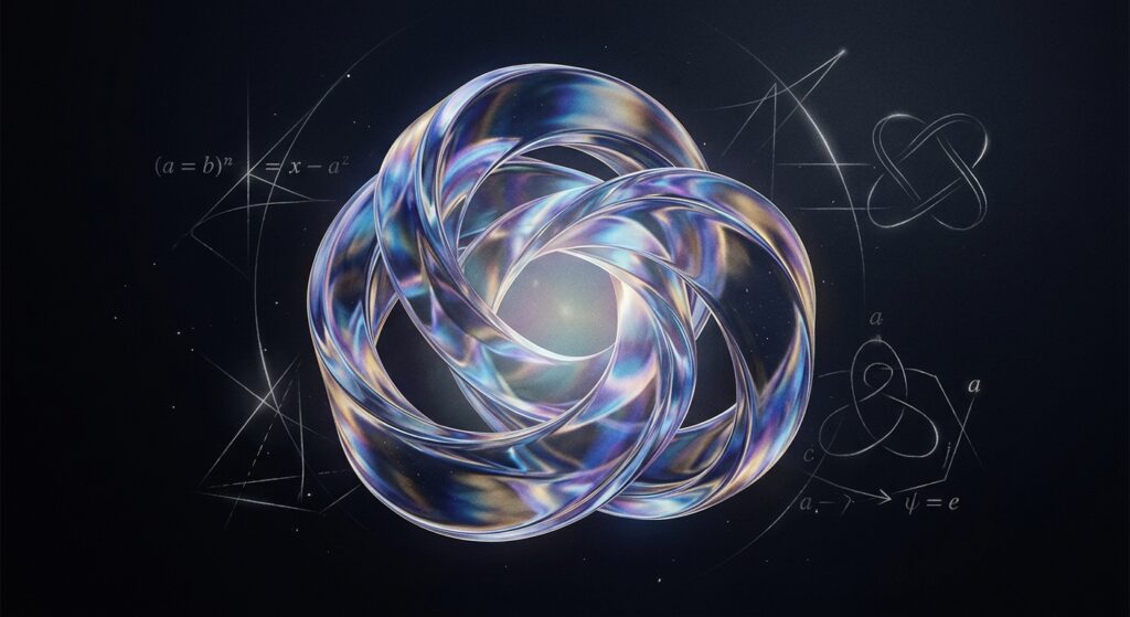 Nudo matemático iridiscente sobre un fondo oscuro con diagramas y ecuaciones matemáticas tenues