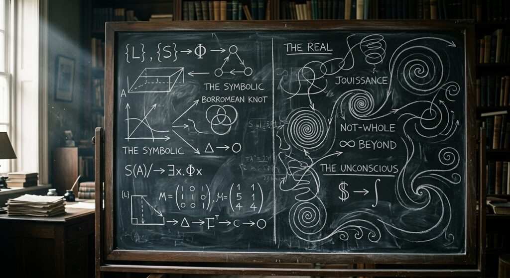 Tablero con diagramas y fórmulas de psicoanálisis lacaniano sobre lo simbólico, lo real, el inconsciente y el goce
